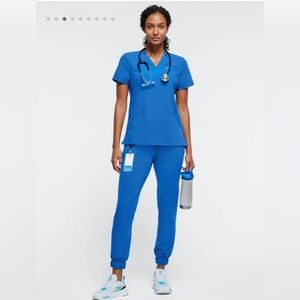 Jaanuu Scrub Set - Royal Blue 3 Pocket Scrub Top & 5 Pocket Skinny Scrub Jogger